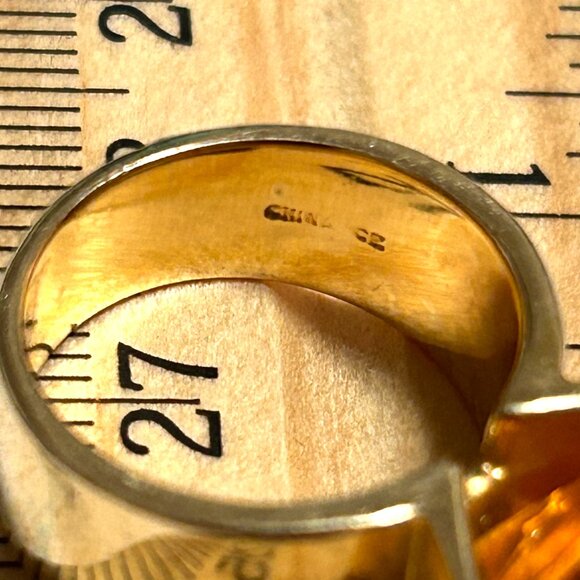 Sterling Silver 925 Yellow Gold Vermeil Bold Wide Golden Citrine CZ Band Ring - Picture 7 of 14